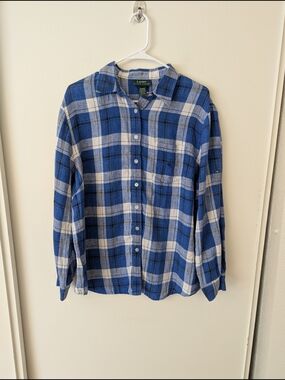 Ralph Lauren Womens 1X Long Sleeve Button Down 100% Linen Blue Plaid Shirt